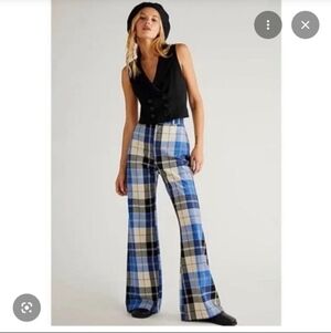 Free People Blue Plaid Wide Leg Pants